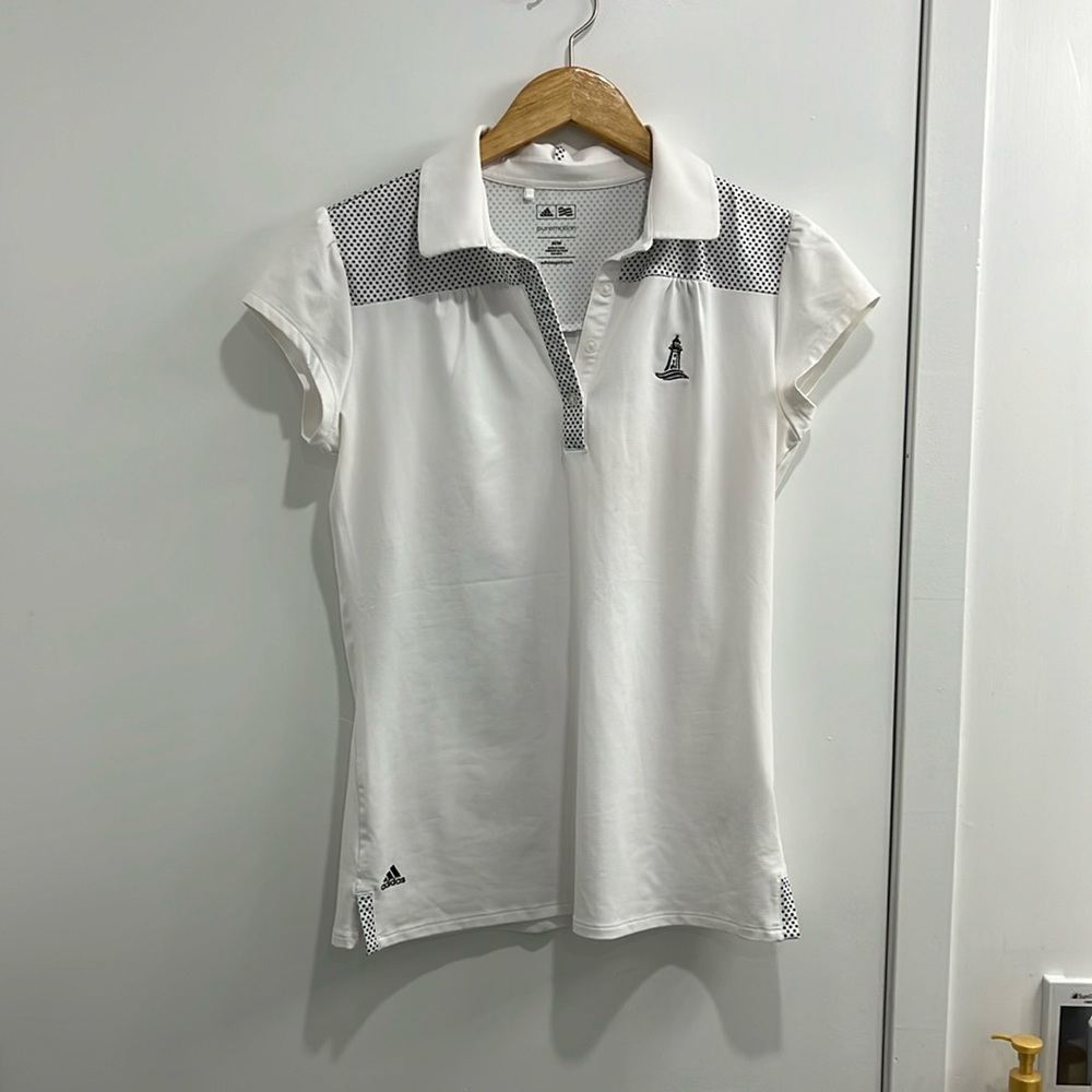 Adidas medium golf t shirt - white with black polka dots accents